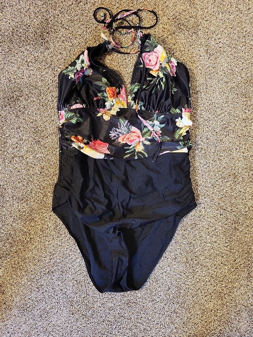 Black Floral Halter One-Piece Swimsuit